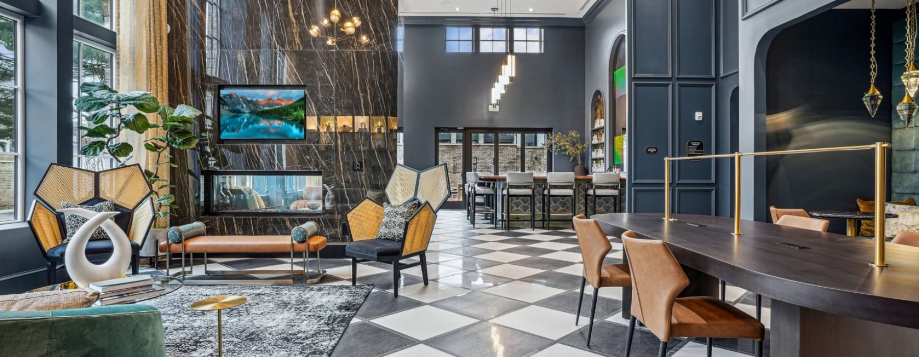lounge with modern decor and ample seating